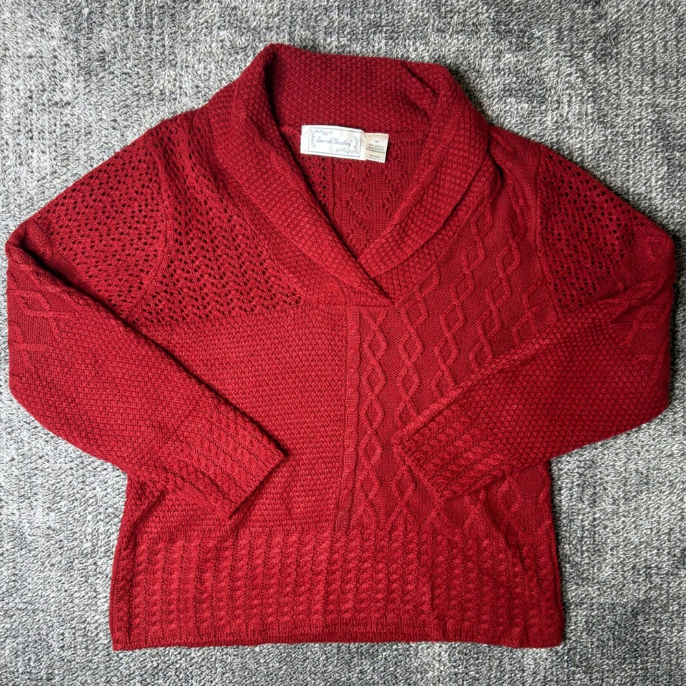 Vintage Sarah Bentley Womens XL Red Knit Shawl Collar Patchwork Texture Sweater